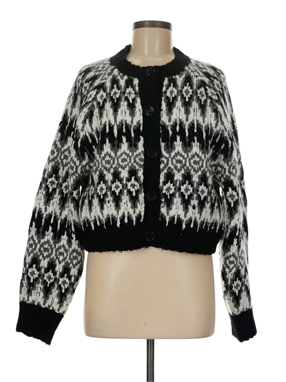 J. Crew Cropped Fair Isle Cardigan Size Medium Black White Textured Chunky Wool